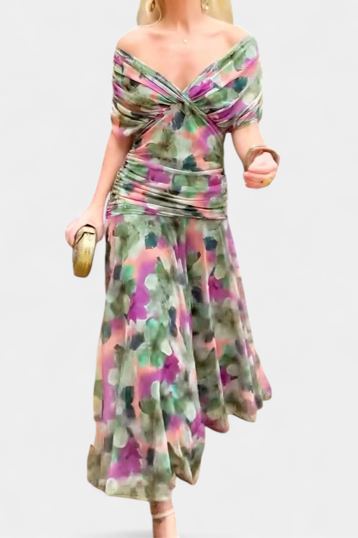 Vestido largo mujer — escote en V y cuerpo fruncido — boda