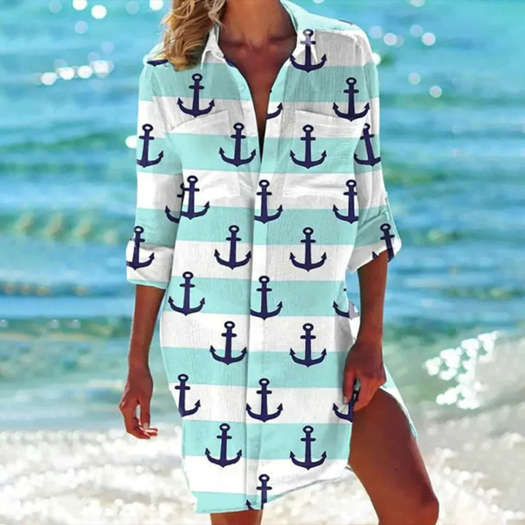 Vestido de Playa para Mujer Womens Beach Cover Ups Estampado con Botones y Manga Larga