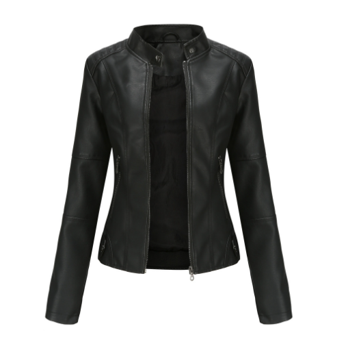 Chaqueta biker de cuero sintético para mujer con cremallera y cuello de solapa
