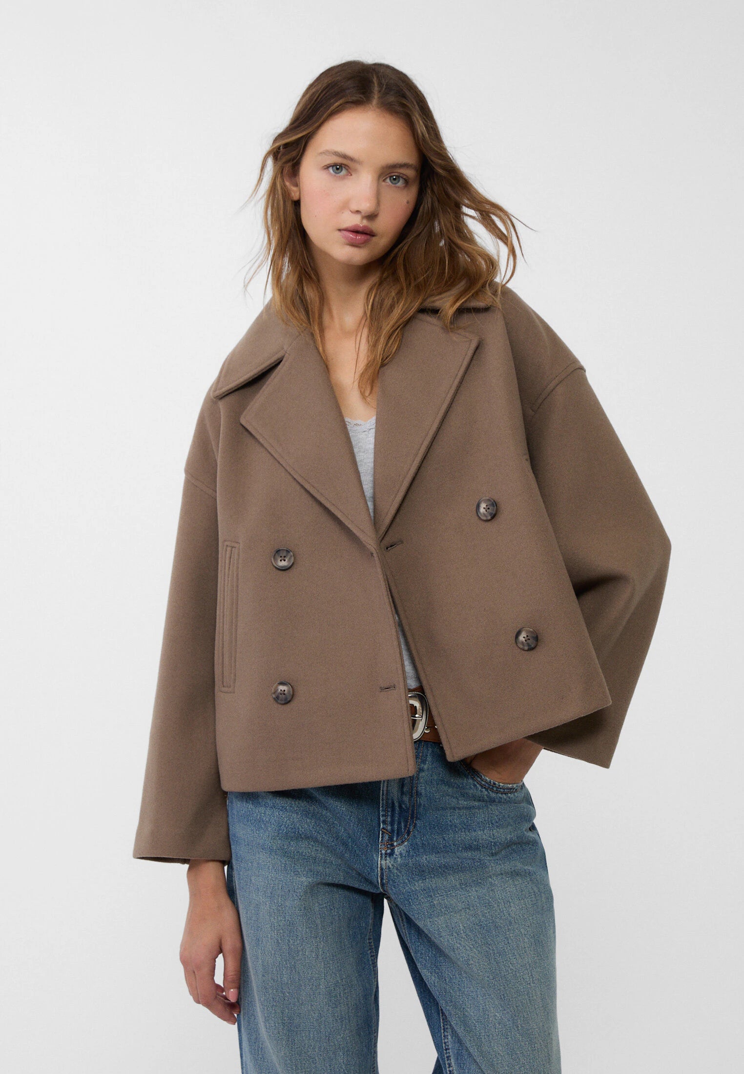 Chaqueta corta de lana para mujer cruzada con cuello de solapa y doble botonadura