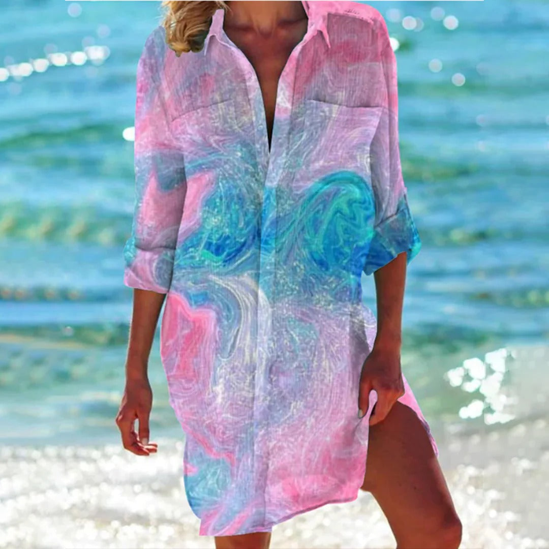 Vestido de Playa para Mujer Womens Beach Cover Ups Estampado con Botones y Manga Larga