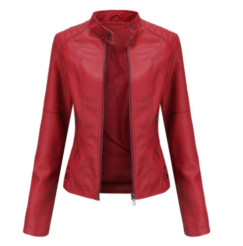Chaqueta biker de cuero sintético para mujer con cremallera y cuello de solapa