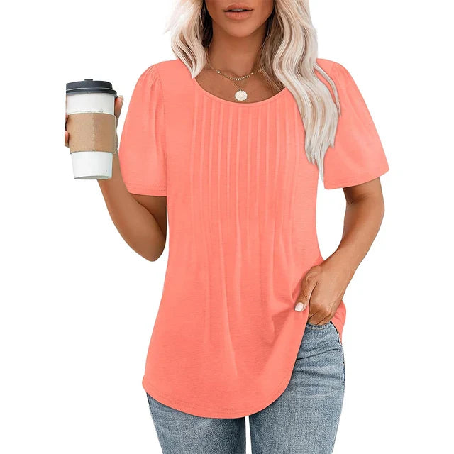 Camiseta de Manga Corta con Pliegues y Cuello Redondo para Mujer