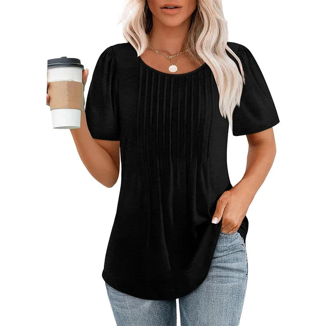 Camiseta de Manga Corta con Pliegues y Cuello Redondo para Mujer