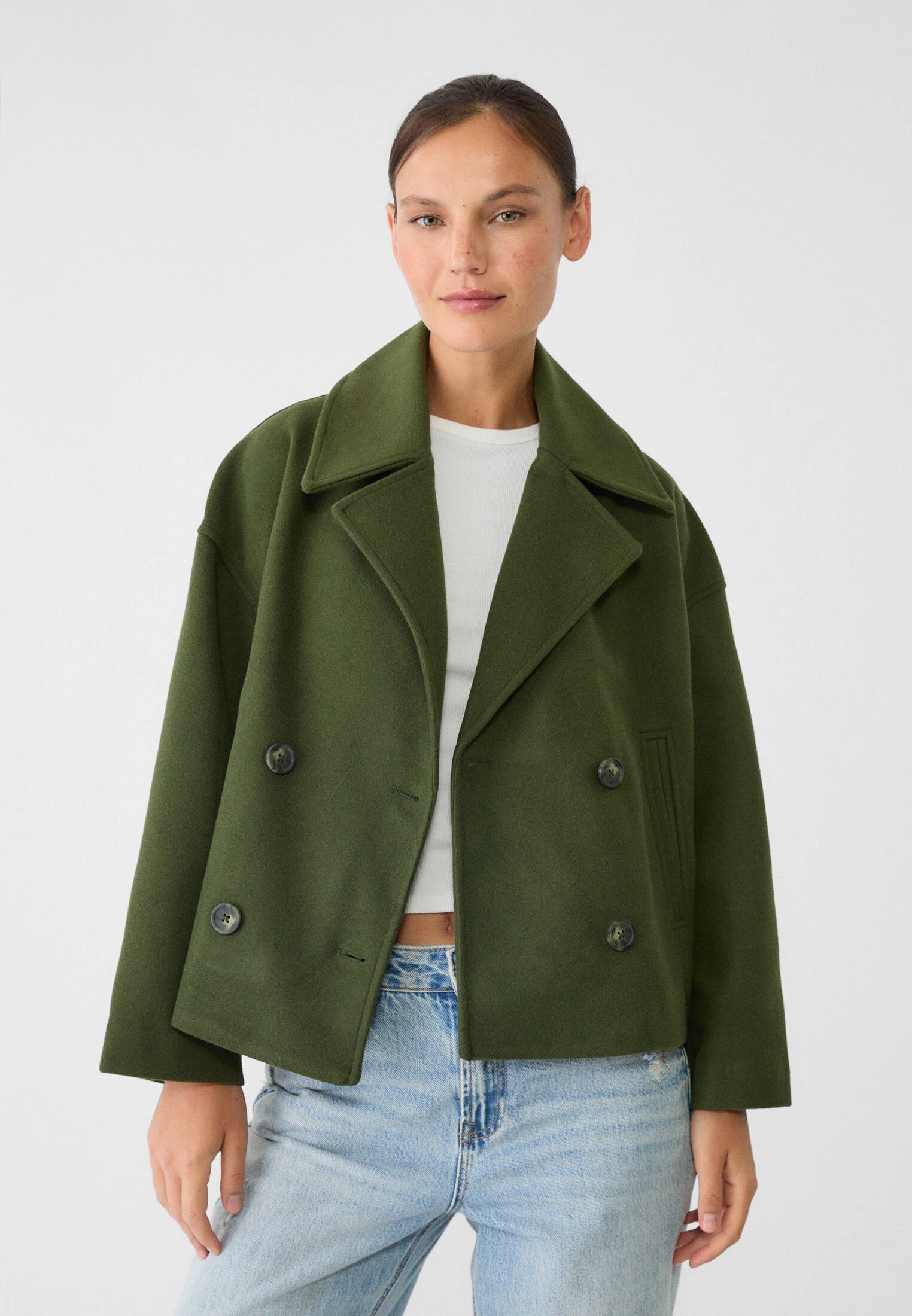 Chaqueta corta de lana para mujer cruzada con cuello de solapa y doble botonadura
