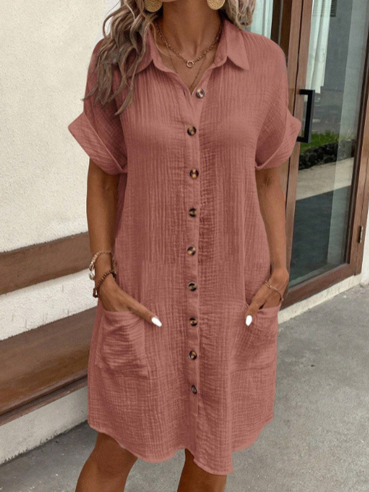Robe chemise en lin et coton avec boutons et poches pour femme