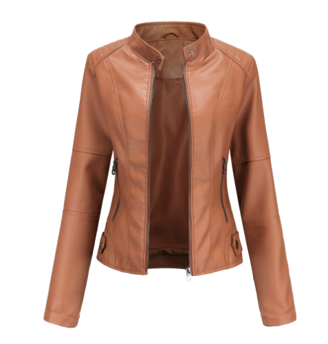 Chaqueta biker de cuero sintético para mujer con cremallera y cuello de solapa