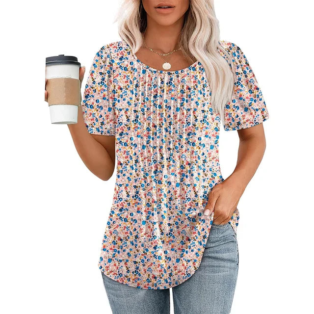 Camiseta de Manga Corta con Pliegues y Cuello Redondo para Mujer