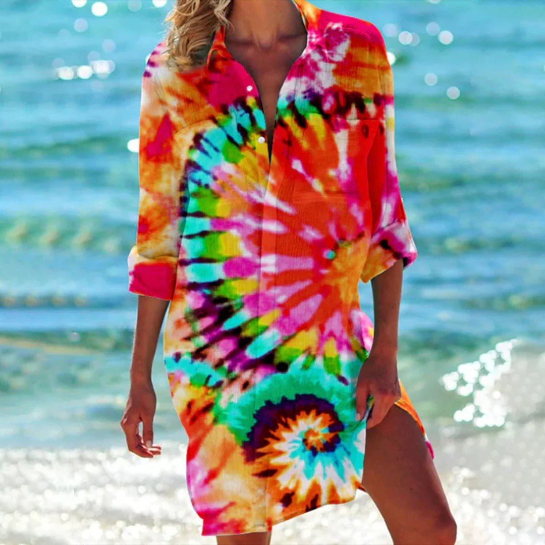 Vestido de Playa para Mujer Womens Beach Cover Ups Estampado con Botones y Manga Larga