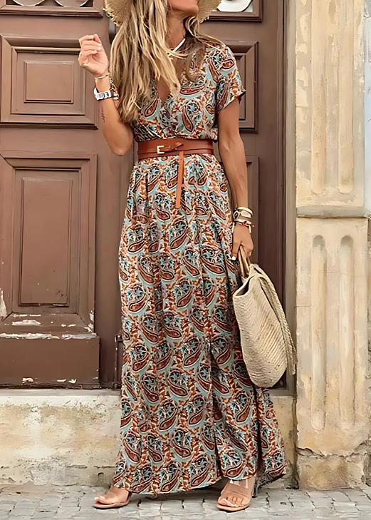Vestido Largo Bohemio con Estampado Floral Cuello en V y Cinturón para Mujer