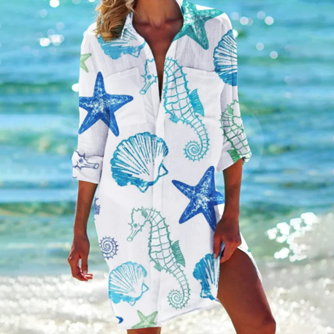 Vestido Camisero Estampado Tropical para Mujer Beach Cover Up con Manga Regulable