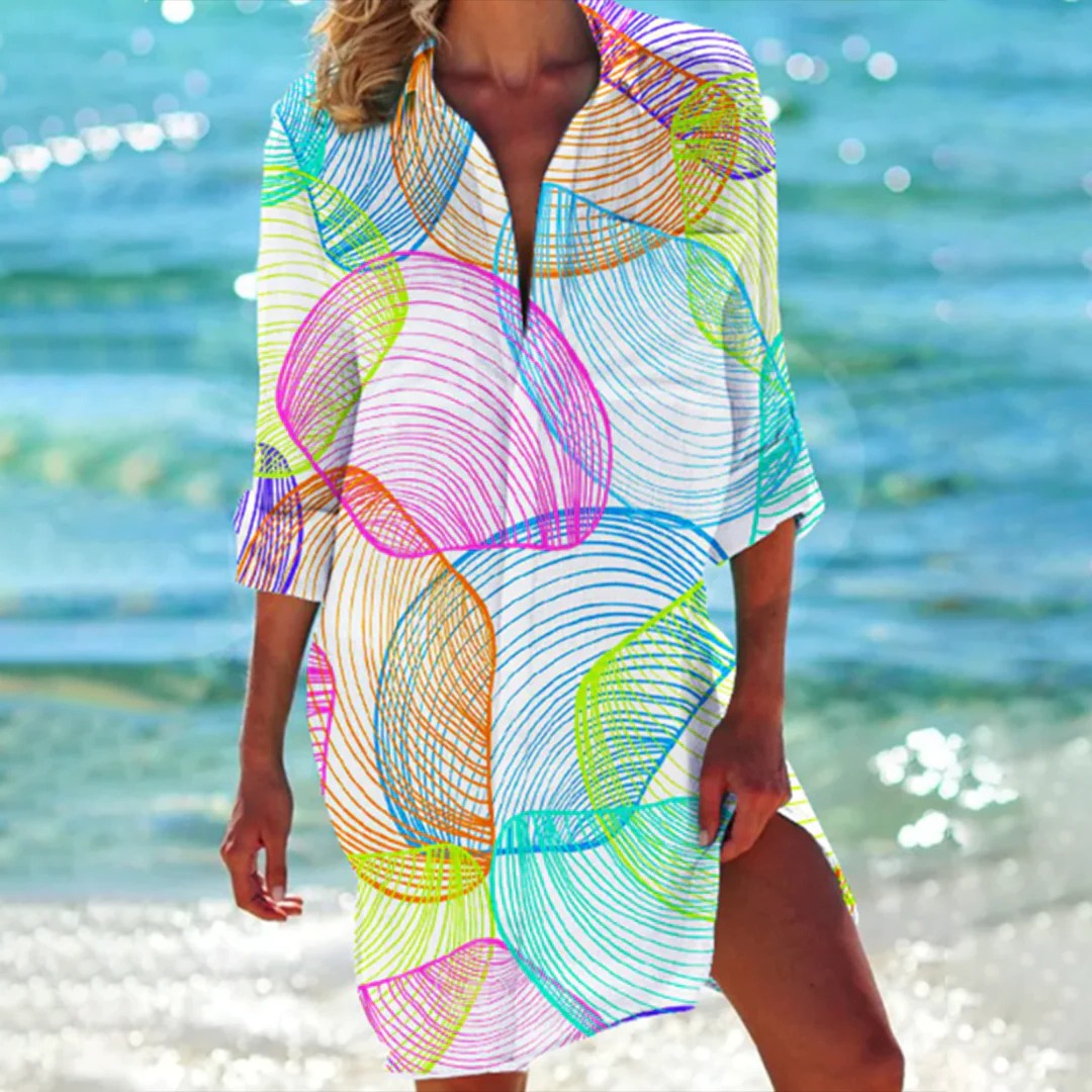 Vestido Camisero Estampado Tropical para Mujer Beach Cover Up con Manga Regulable
