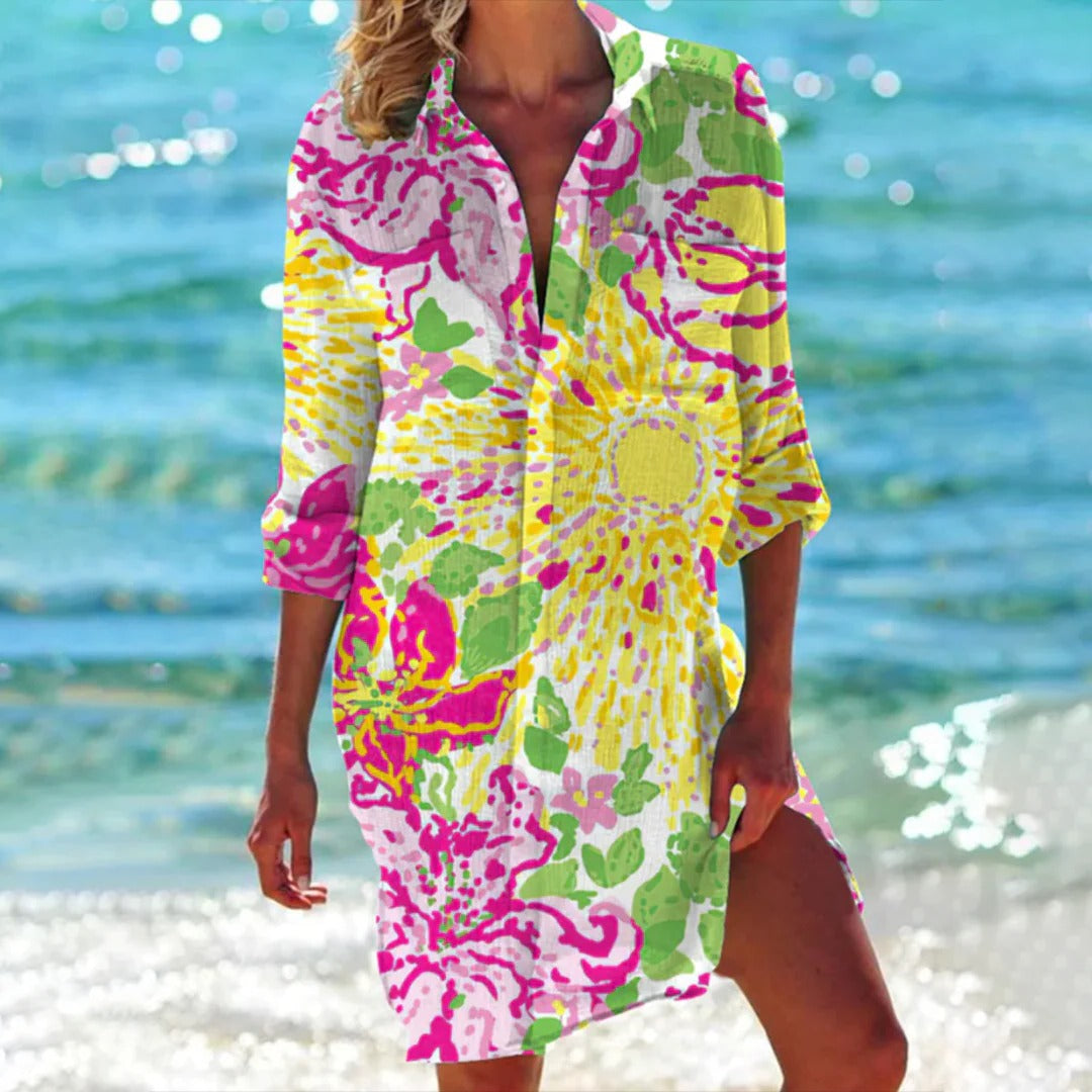 Vestido Camisero Estampado Tropical para Mujer Beach Cover Up con Manga Regulable