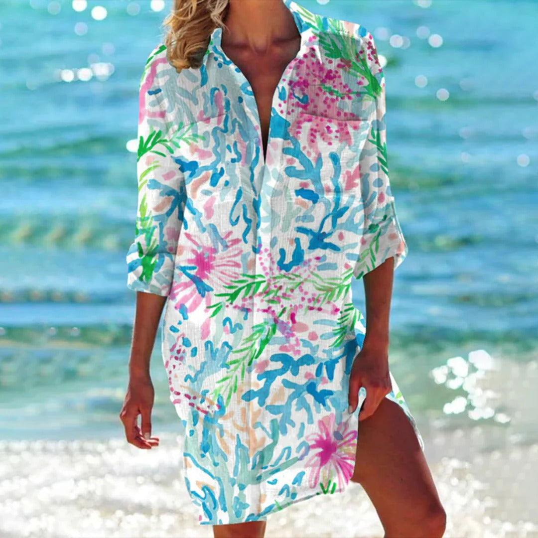 Vestido Camisero Estampado Tropical para Mujer Beach Cover Up con Manga Regulable
