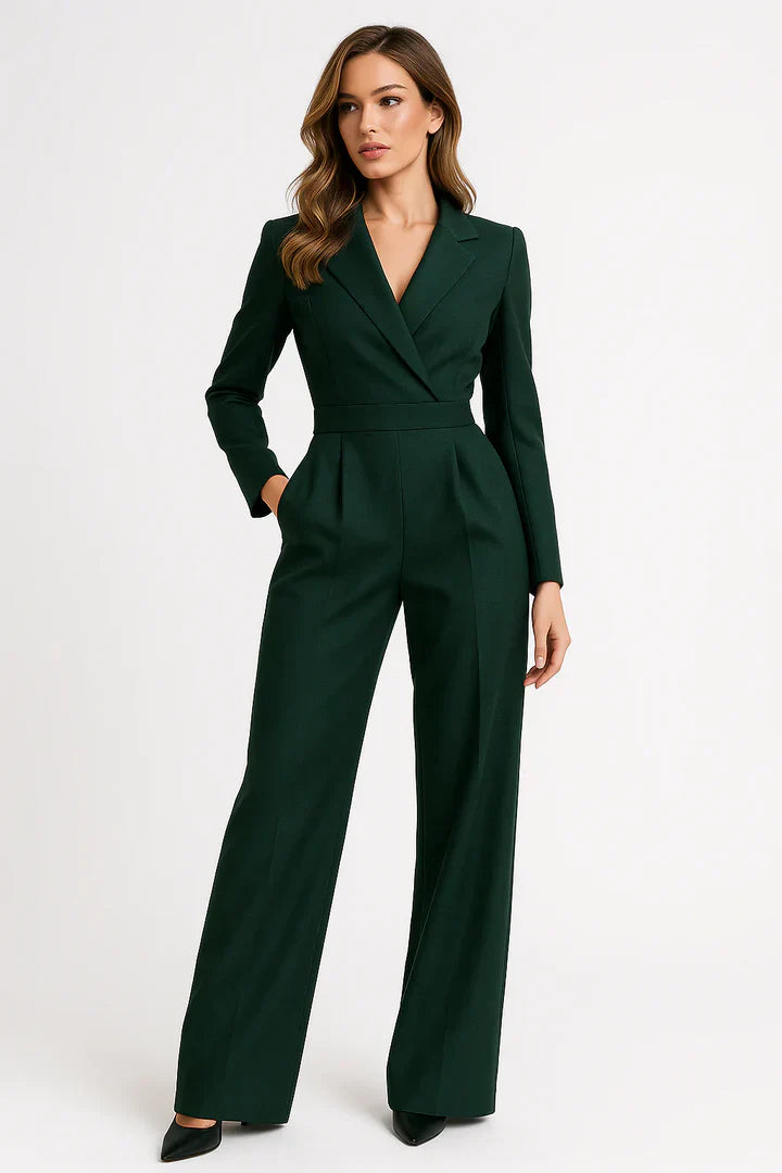 Mono Estilo Blazer de Mujer con Cuello en V y Pantalón de Pernera Ancha Fluido