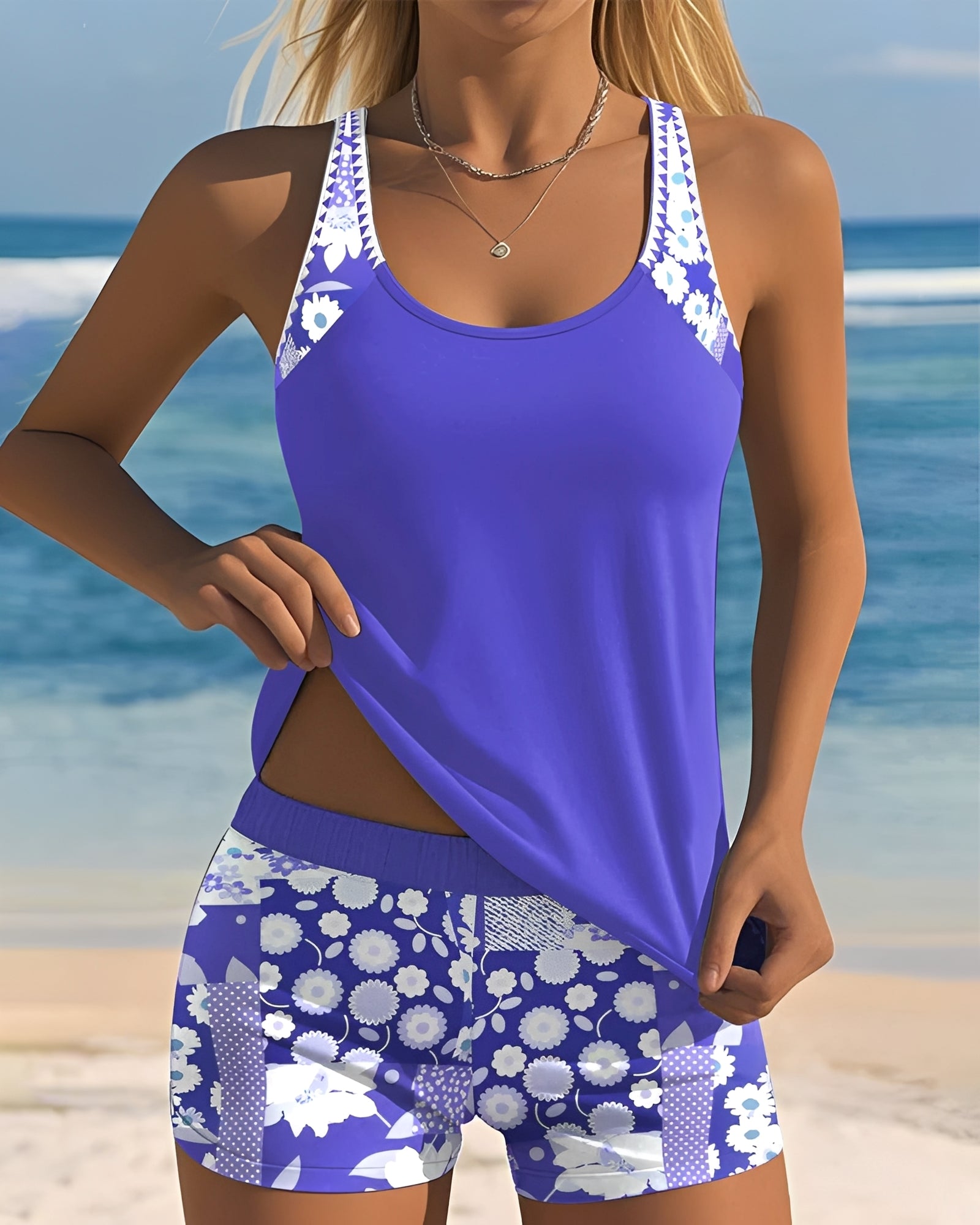 Bañador Tankini de Dos Piezas con Estampado y Pantalones de Cintura Alta para Mujer
