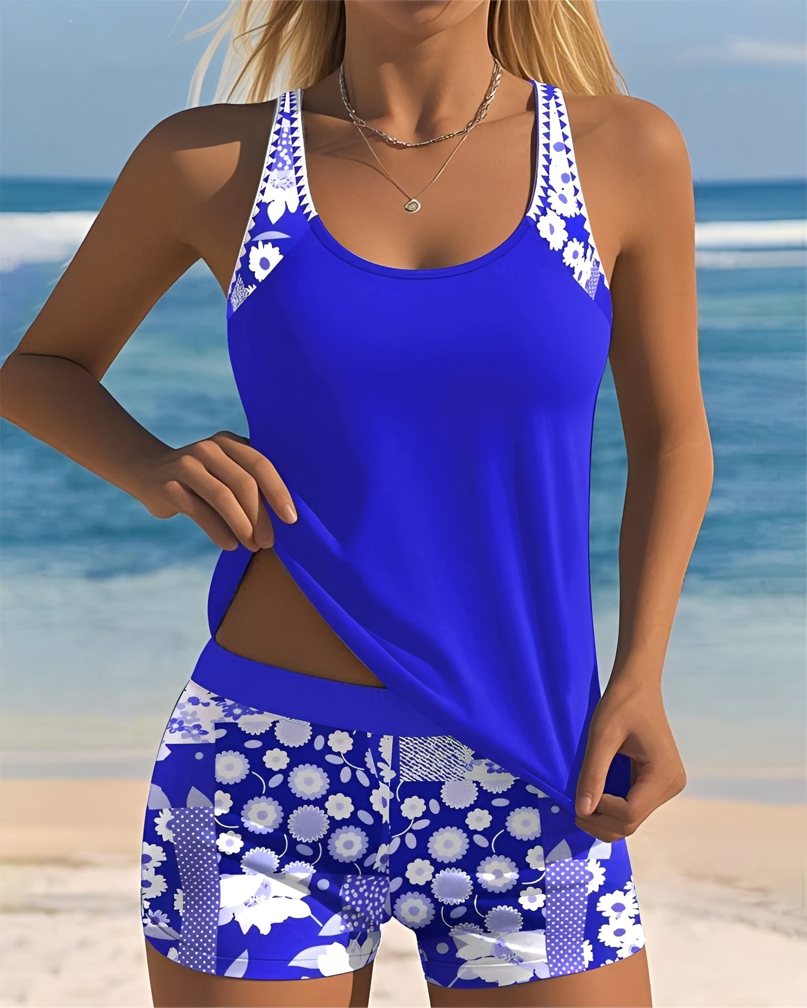Bañador Tankini de Dos Piezas con Estampado y Pantalones de Cintura Alta para Mujer