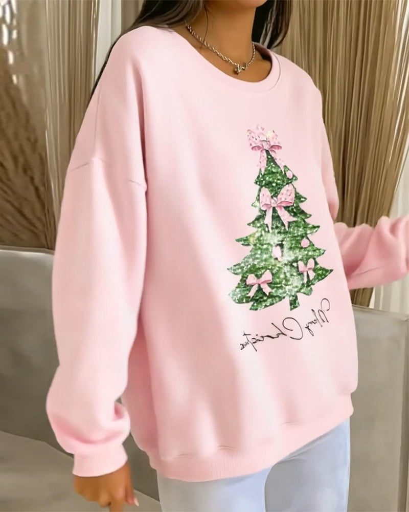 Sudadera de Mujer Oversize con Cuello Redondo y Diseño Brillante de Árbol