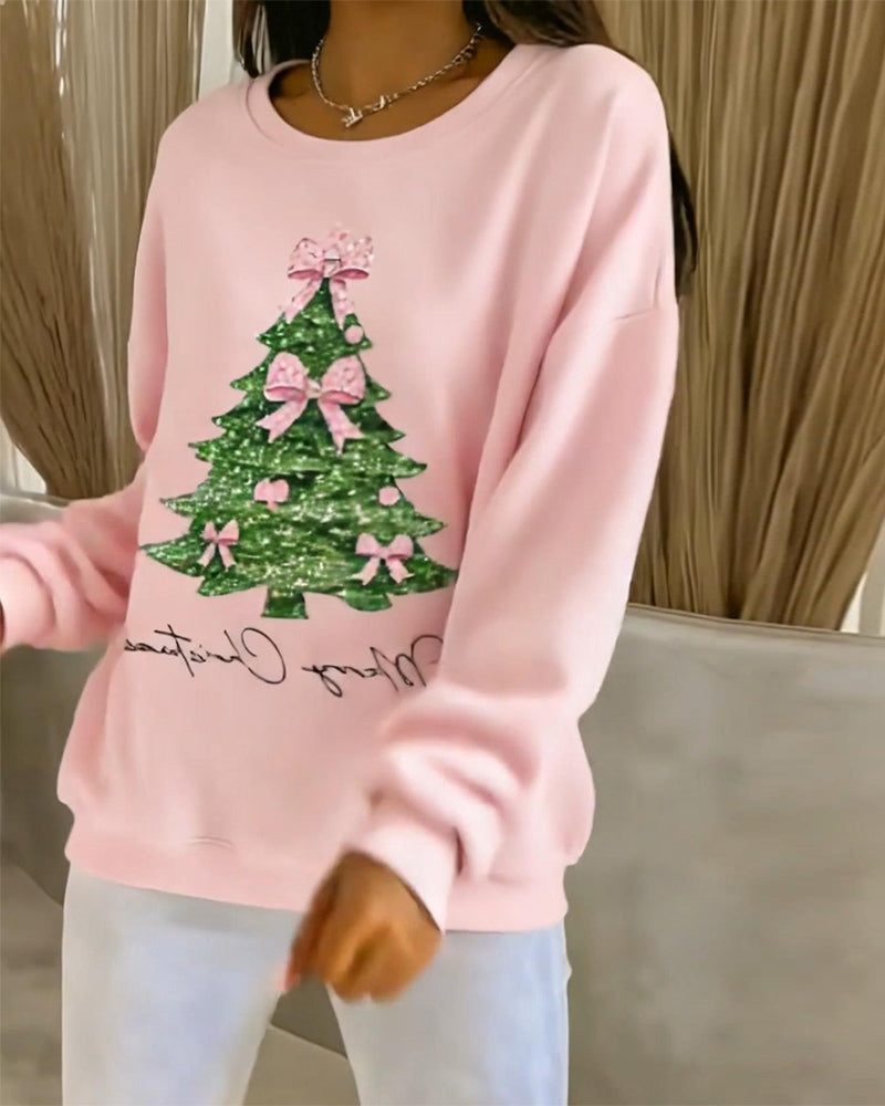 Sudadera de Mujer Oversize con Cuello Redondo y Diseño Brillante de Árbol