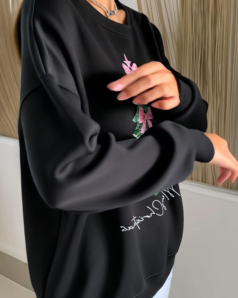 Sudadera de Mujer Oversize con Cuello Redondo y Diseño Brillante de Árbol