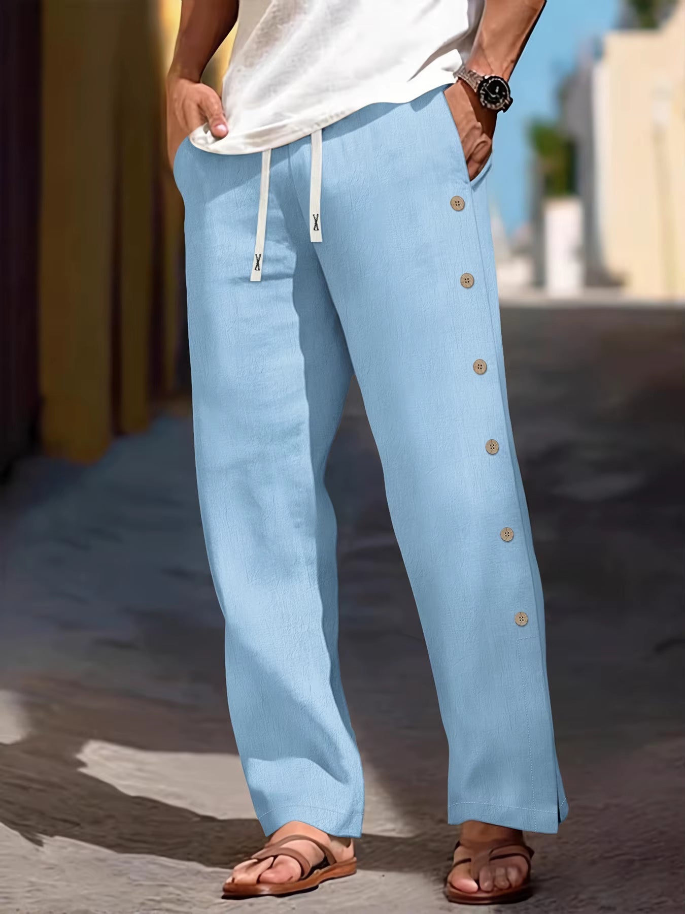 Pantalones de Lino para Mujer con Cintura Elástica y Detalle de Botones Laterales