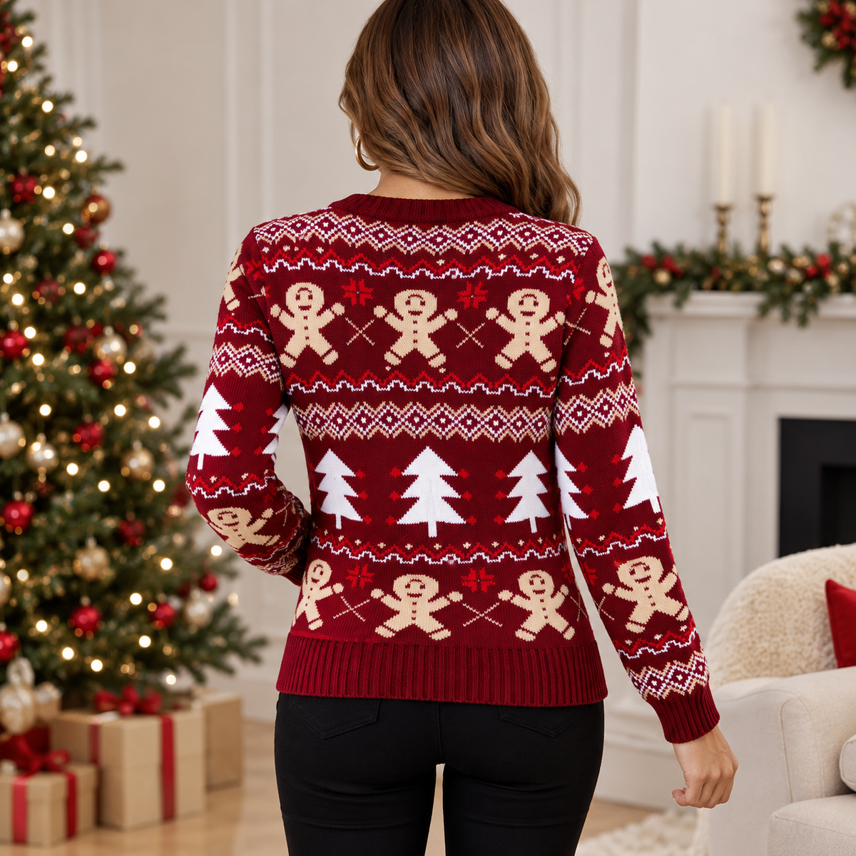 Maglione da donna con girocollo e motivi di biscotti allo zenzero e pini