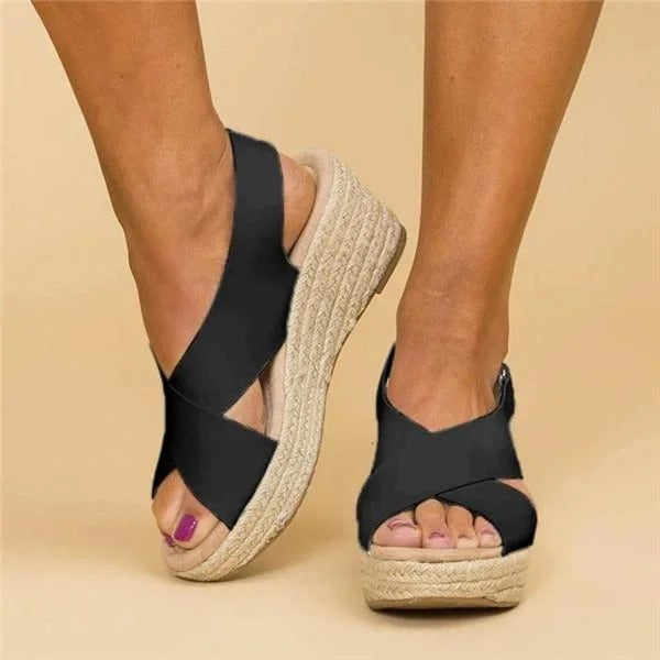 Sandalias de Cuero con Cuña Tipo Alpargata y Tiras Cruzadas para Mujer