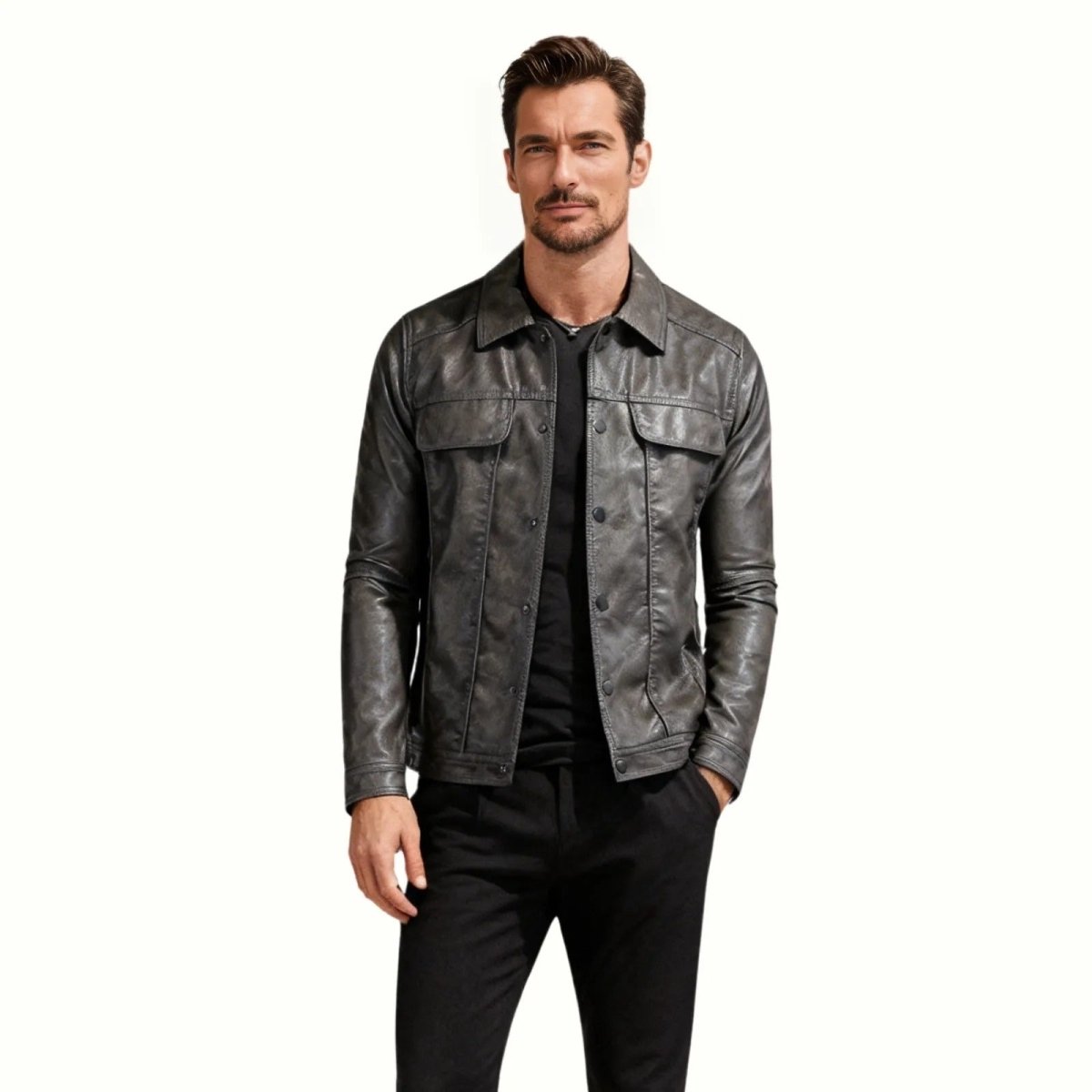 Giacca Trucker in Pelle Nappa da Uomo con Bottoni e Colletto a Camicia