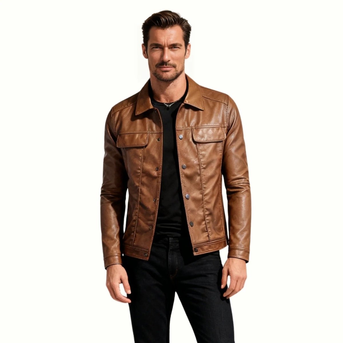 Giacca Trucker in Pelle Nappa da Uomo con Bottoni e Colletto a Camicia