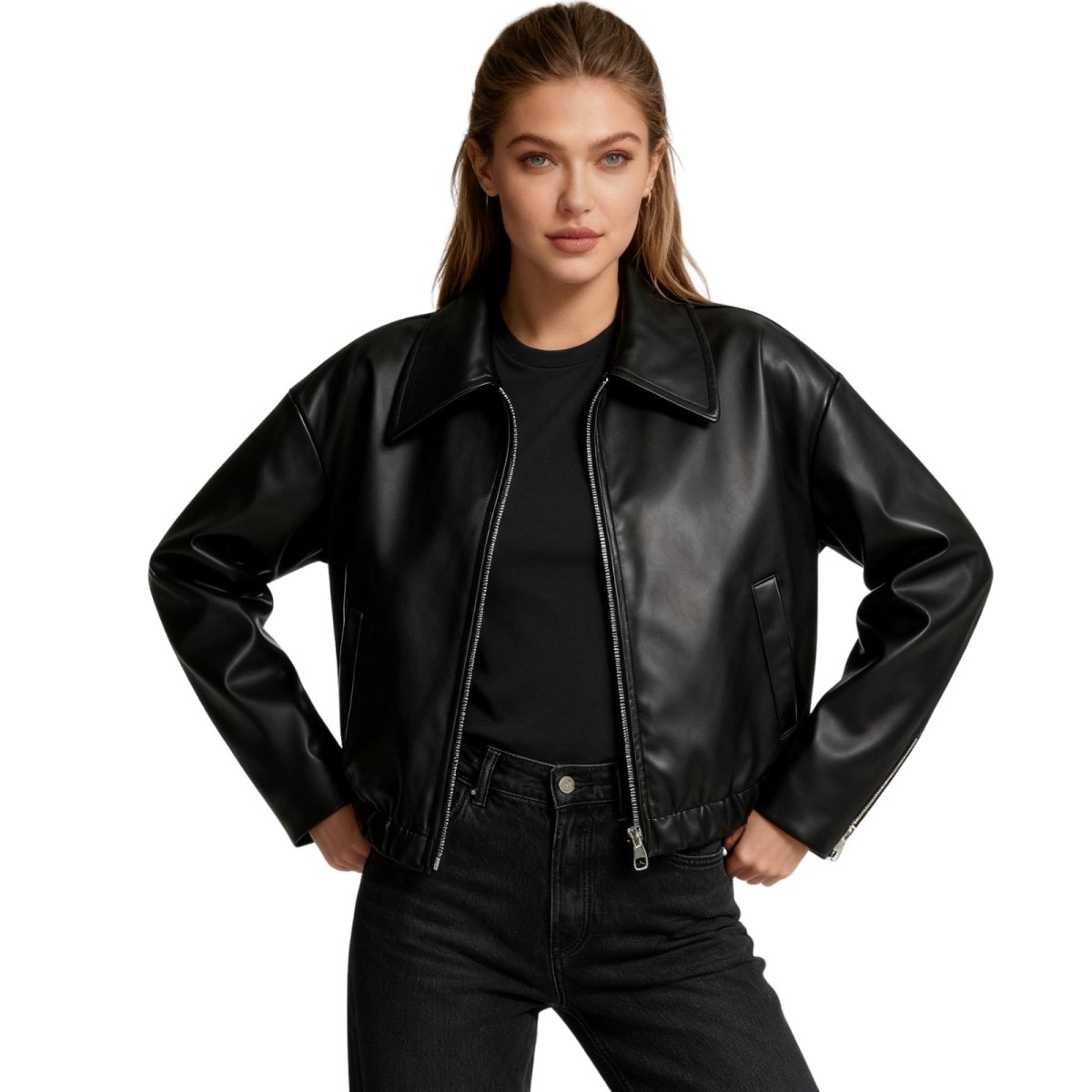 Cazadora Bomber Corta de Cuero Sintético para Mujer con Ajuste Oversized