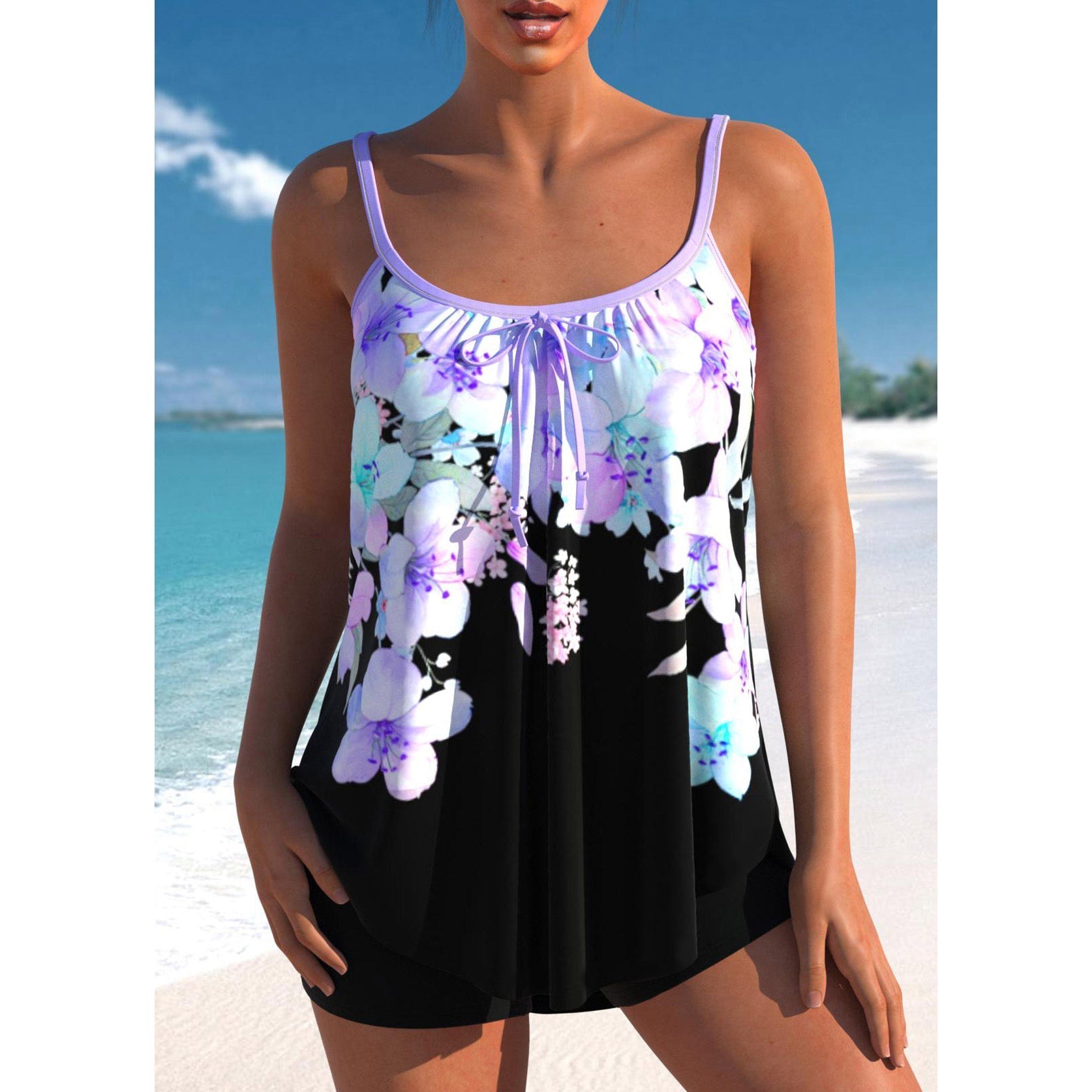 Bañador Tankini de Talle Alto para Mujer con Top Ombré y Pantalón Corto