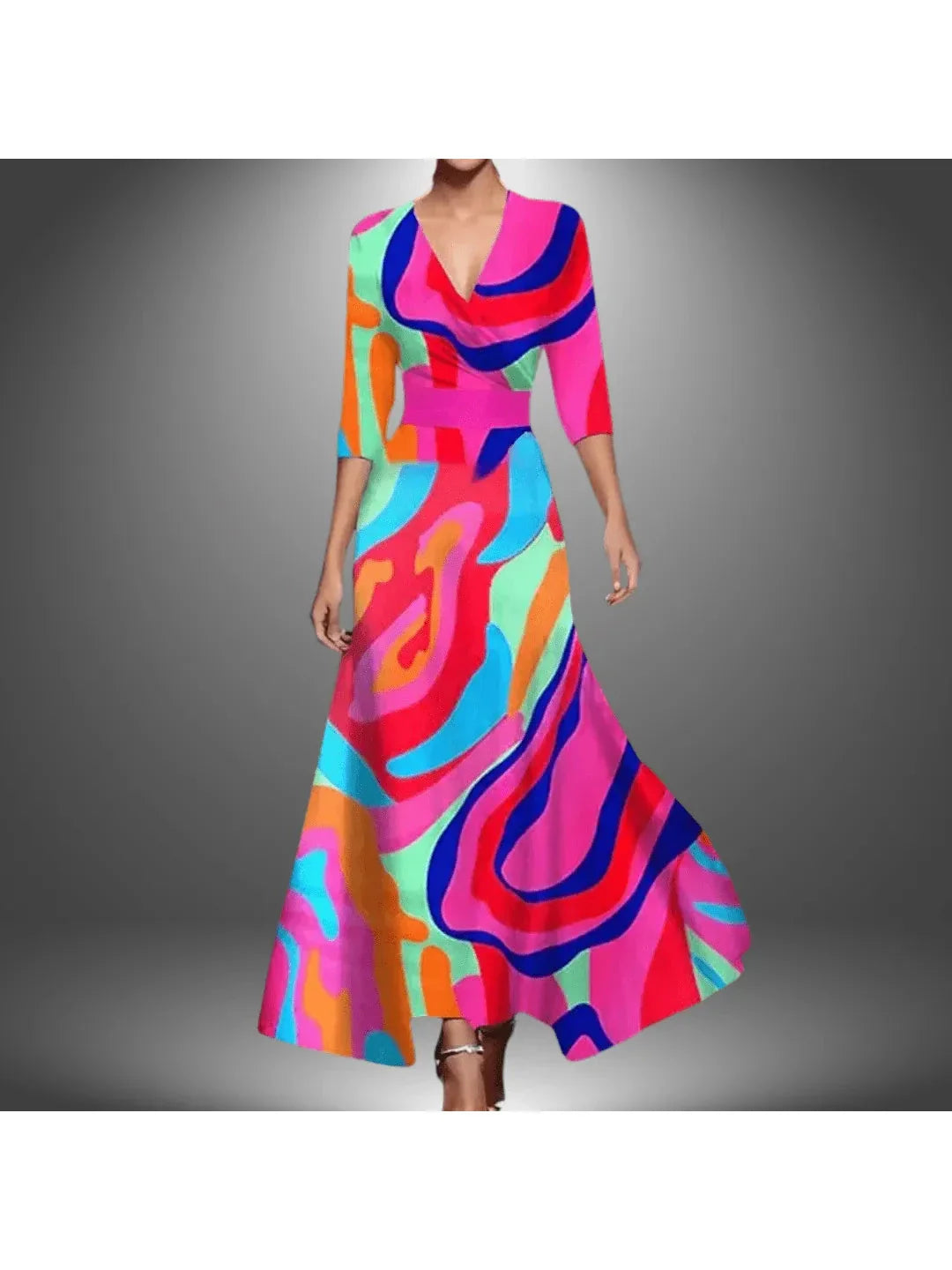 Vestido Midi de Poliéster con Estampado de Moda Cuello en V y Manga Media para Mujer