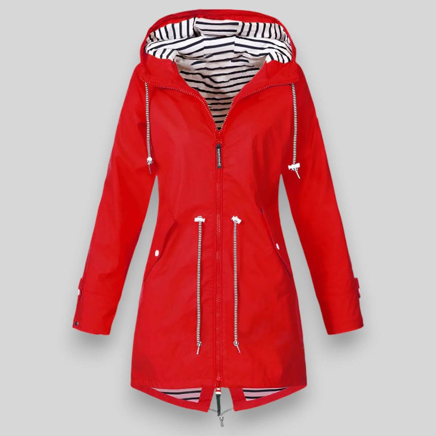 Imperméable long avec capuche et taille ajustable en polyester pour femme