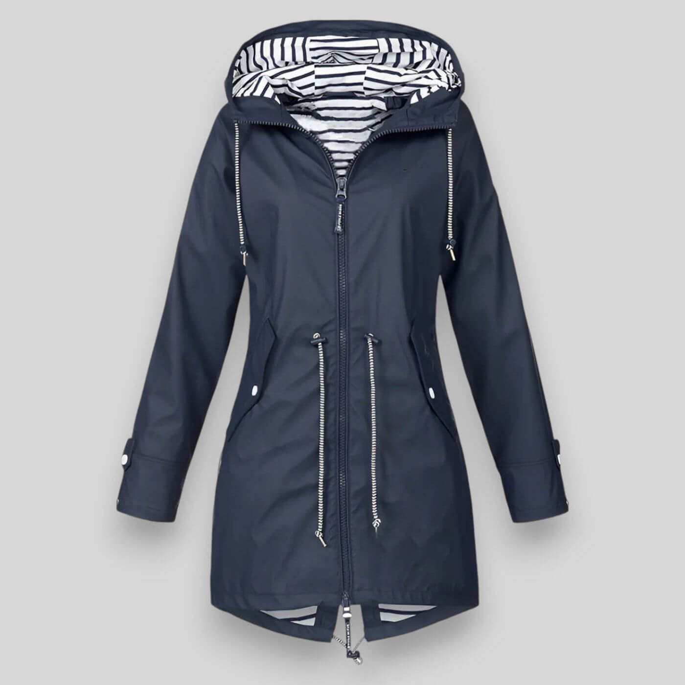 Imperméable long avec capuche et taille ajustable en polyester pour femme