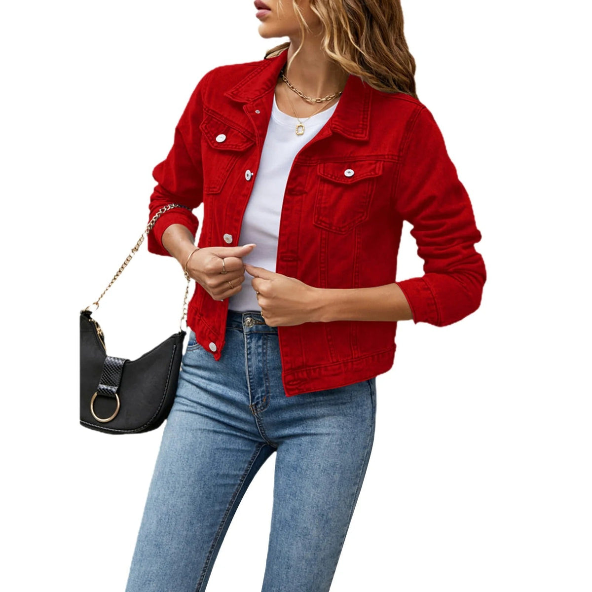 Veste courte pour femme en coton avec fermeture à boutons et col structuré