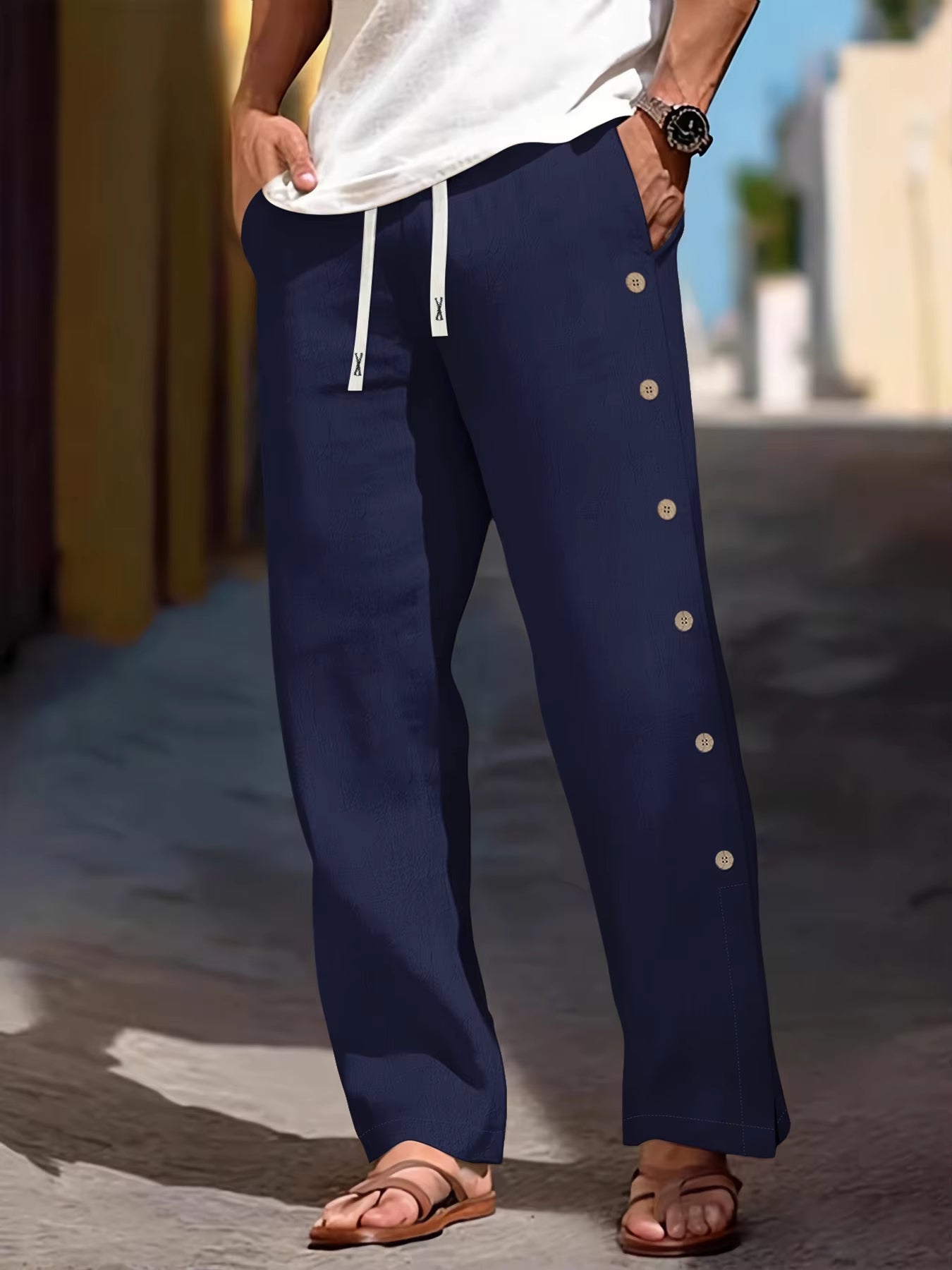 Pantalones de Lino para Mujer con Cintura Elástica y Detalle de Botones Laterales