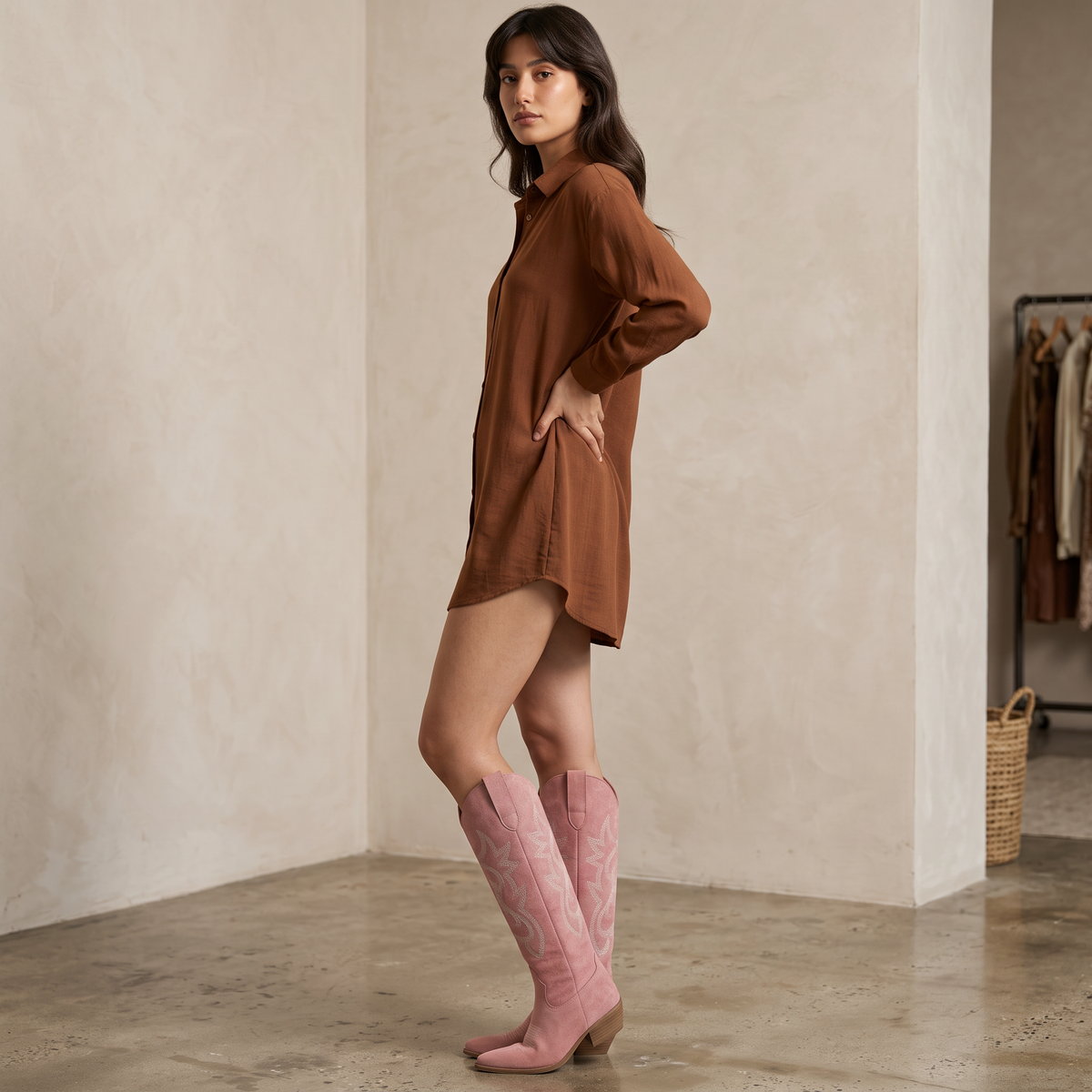 Botas Cowboy de Ante para Mujer con Tacón Bajo Cuadrado y Puntera Fina