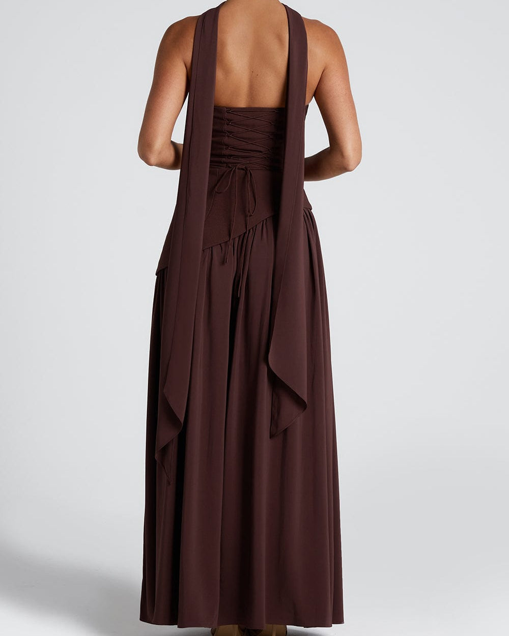 Vestido largo mujer — corpiño palabra de honor y cuello drapeado | fiesta