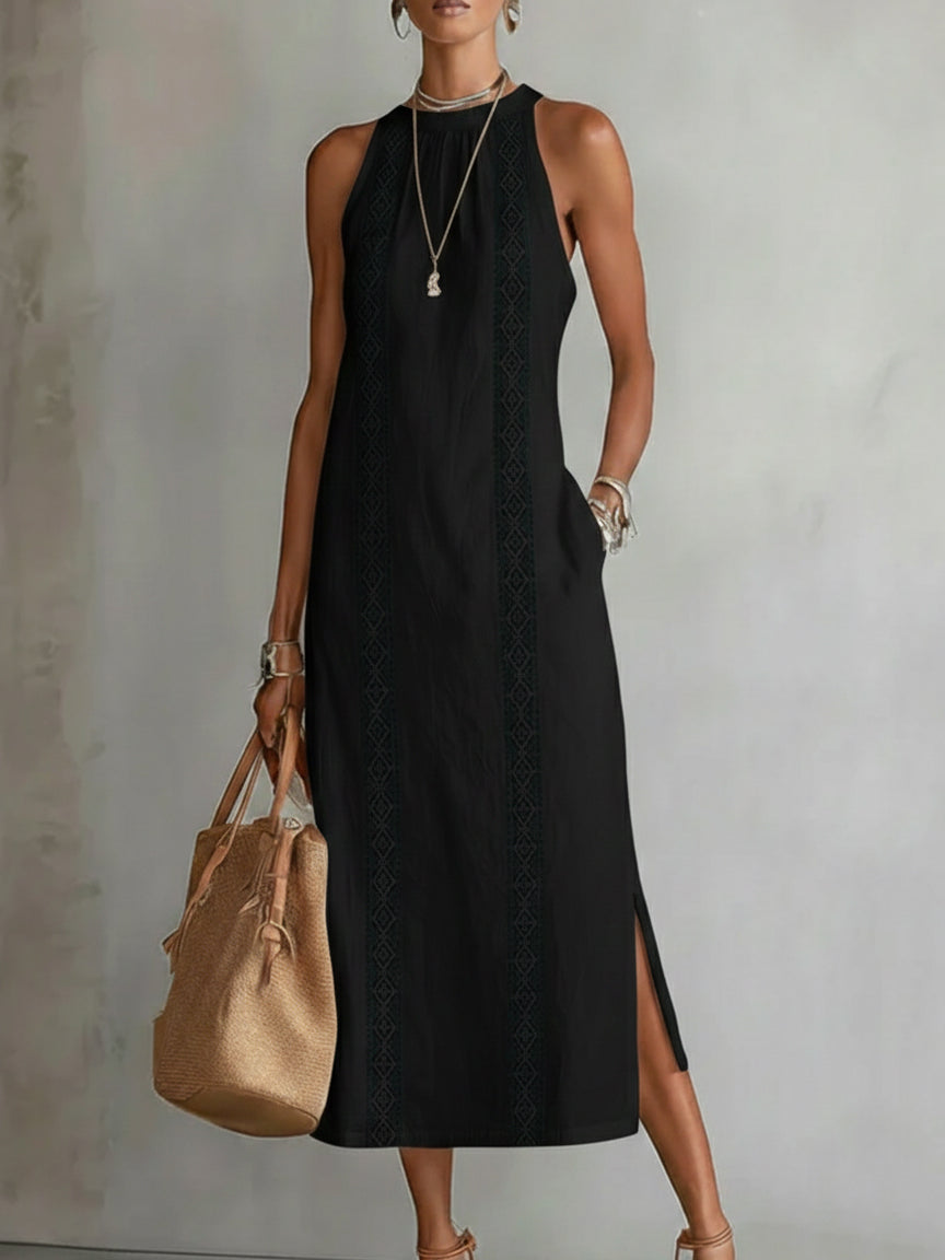 Vestido midi bordado | sin mangas | cuello redondo | para eventos