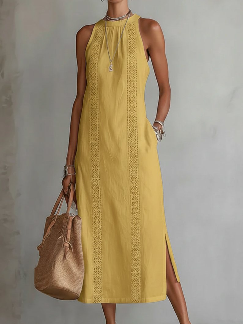 Vestido midi bordado | sin mangas | cuello redondo | para eventos