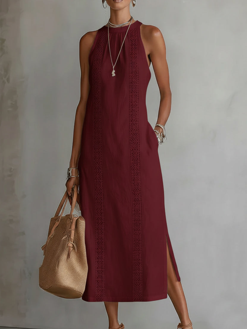 Vestido midi bordado | sin mangas | cuello redondo | para eventos