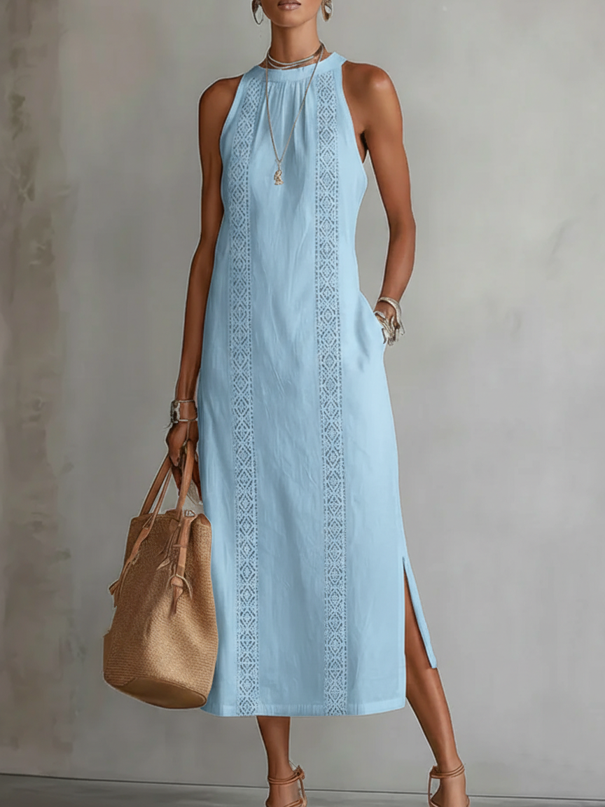 Vestido midi bordado | sin mangas | cuello redondo | para eventos