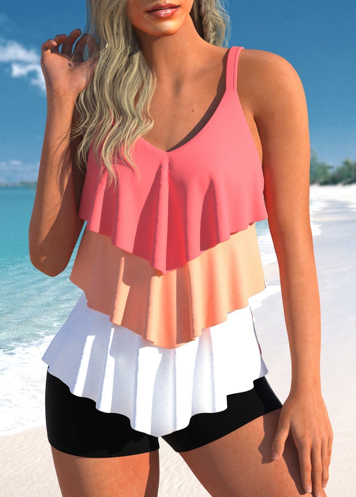 Bañador Tankini de Talle Alto para Mujer con Top Ombré y Pantalón Corto