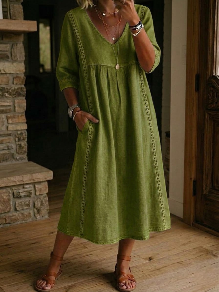 Vestido largo para mujer - diseño patchwork holgado con bolsillos casual