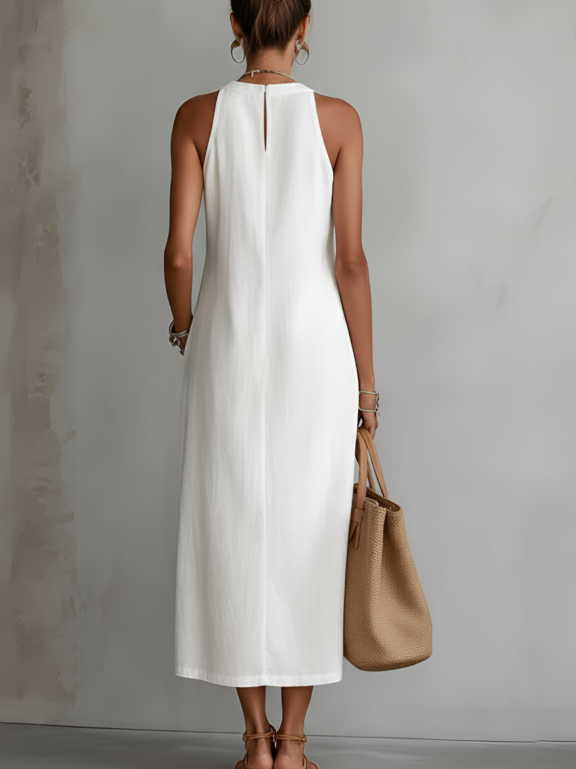 Vestido midi para mujer - mezcla de algodón y lino con cuello mao paseo
