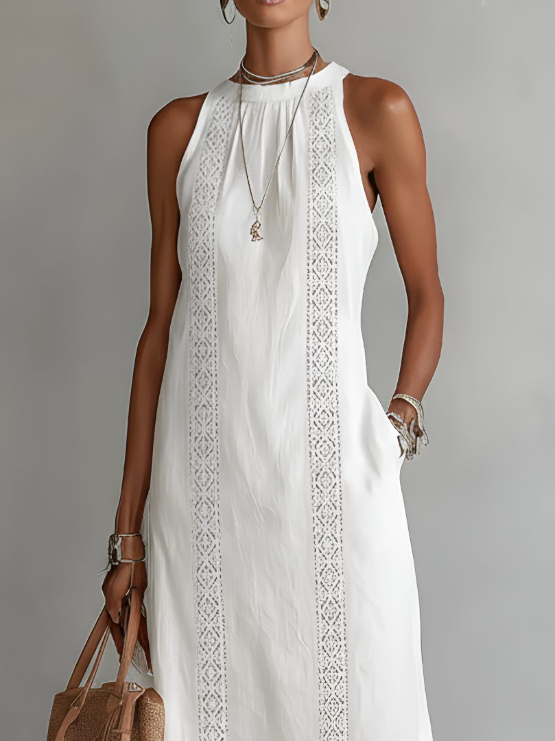 Robe midi pour femme - mélange de coton et lin avec col mao promenade