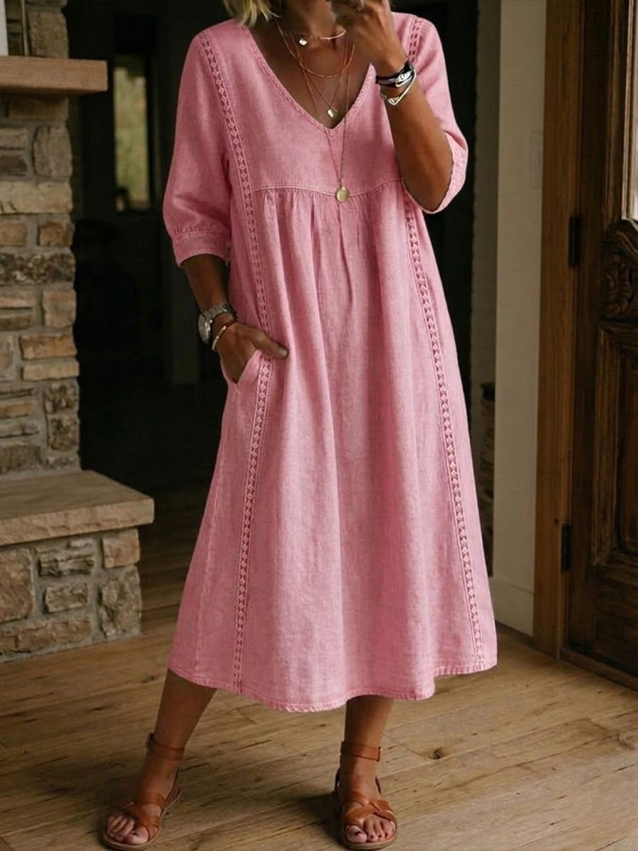 Vestido largo para mujer - diseño patchwork holgado con bolsillos casual