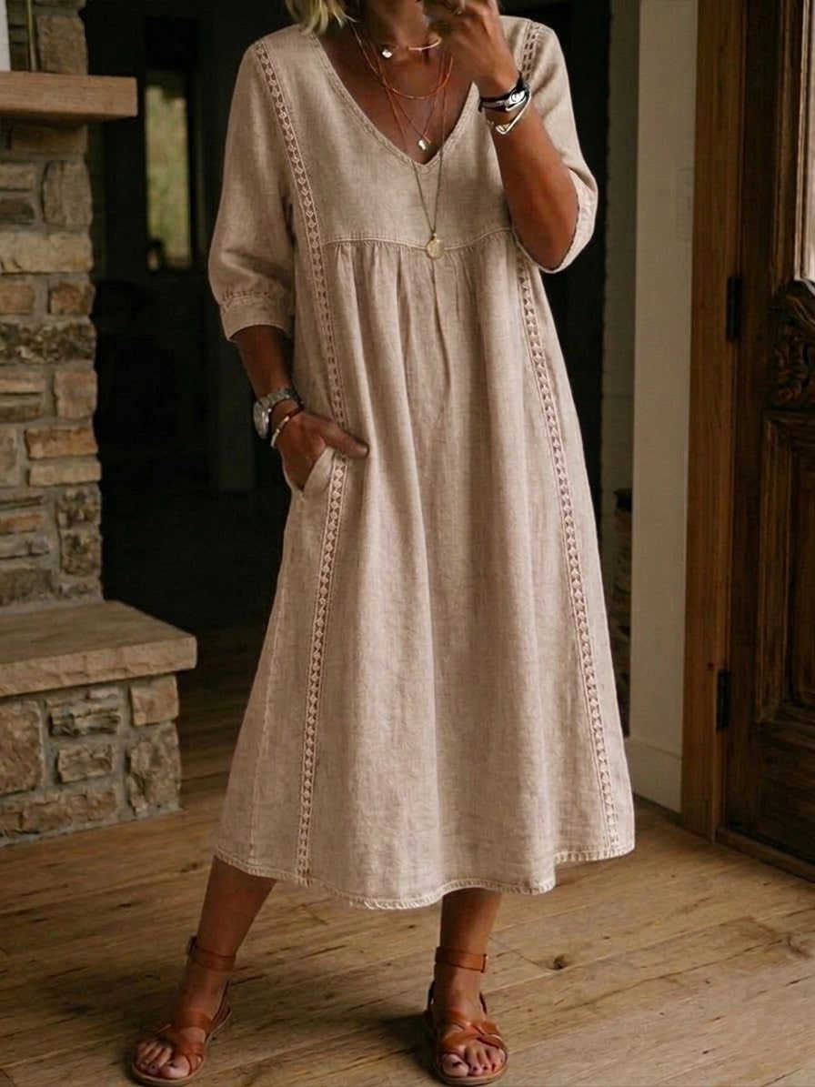 Vestido largo para mujer - diseño patchwork holgado con bolsillos casual