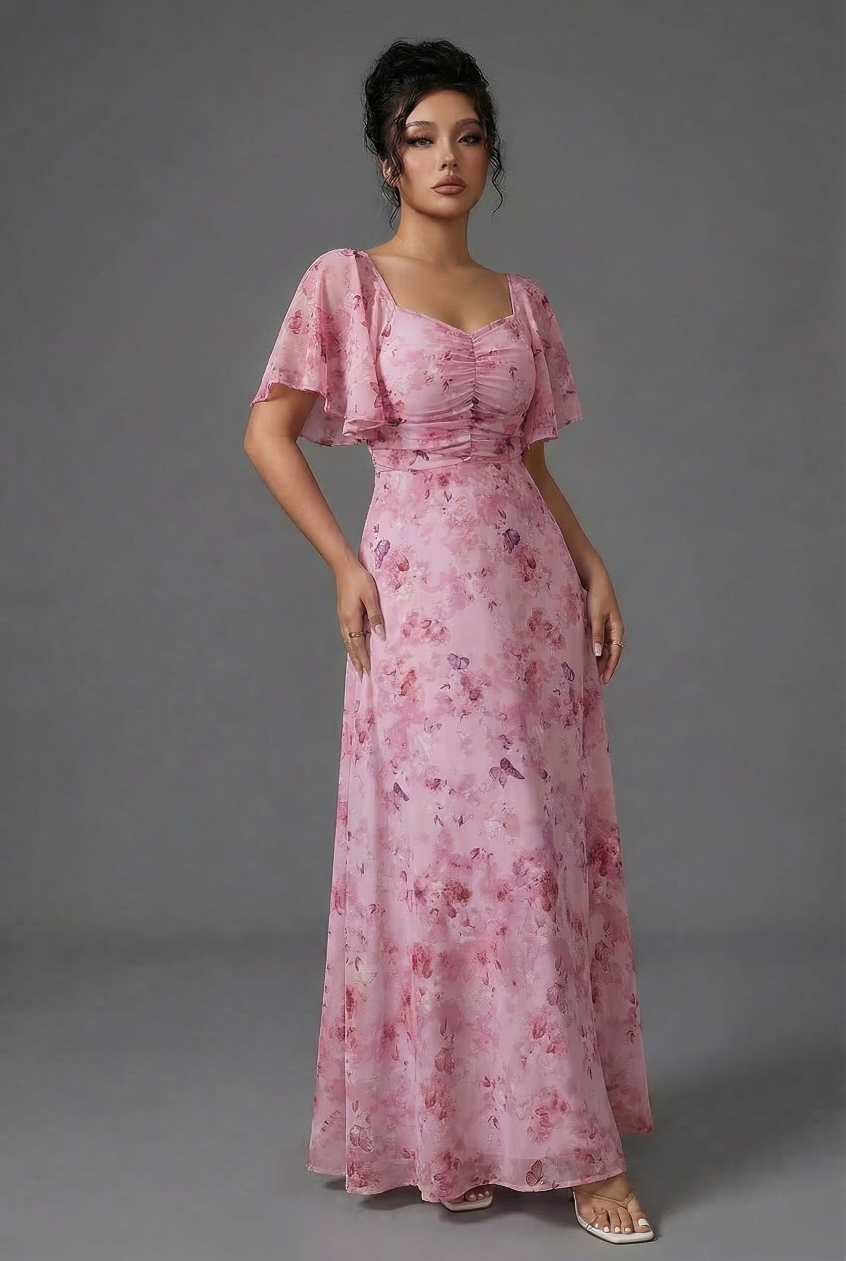 Vestido Largo de Invitada de Boda con Estampado Floral y Mangas de Volantes