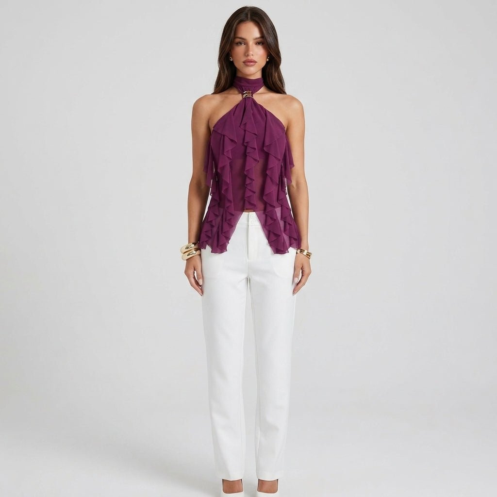 Top halter mujer con volantes | blusa sin mangas para eventos